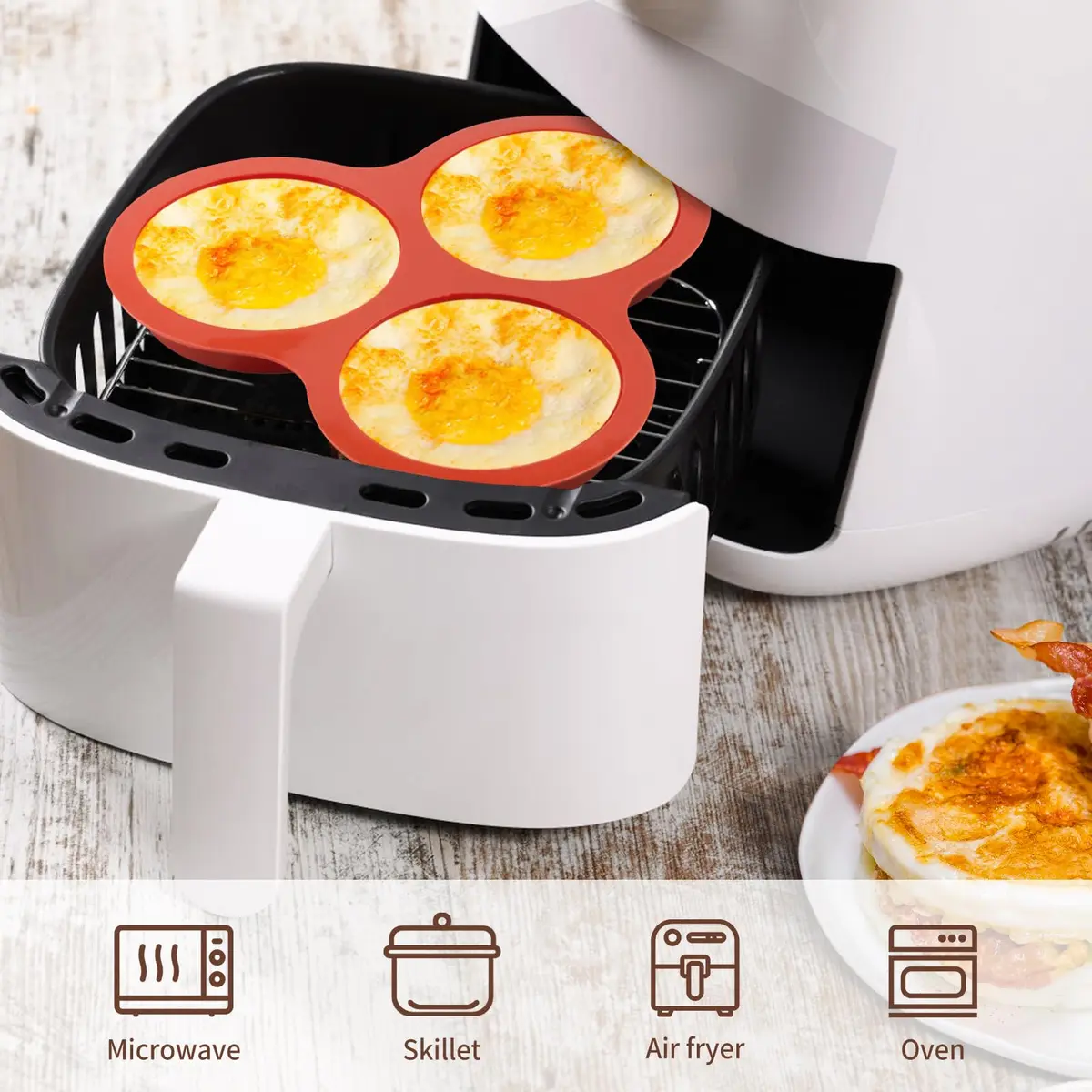 JOERSH Silicone Air Fryer Egg Mold Pan 4 Inch Jumbo 3-Cavity, 2 Pack | Non-Stick & Reusable for Breakfast Sandwiches & Hamburger Buns - view 4