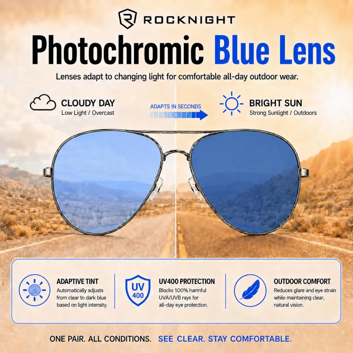ROCKNIGHT Polarized Aviator Sunglasses Men Women UV400 Metal Frame Driving | Photochromic Lenses - view 4