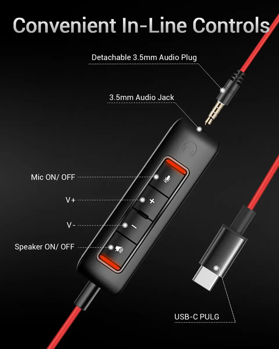 NUBWO HW02 Headset with Microphone | USB C & 3.5mm, Inline Mute & Volume Control, Lightweight (60g), for PC & Mobile - view 5