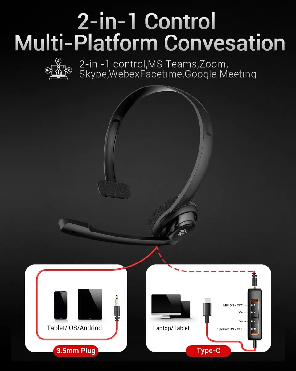 NUBWO HW02 Headset with Microphone | USB C & 3.5mm, Inline Mute & Volume Control, Lightweight (60g), for PC & Mobile - view 6