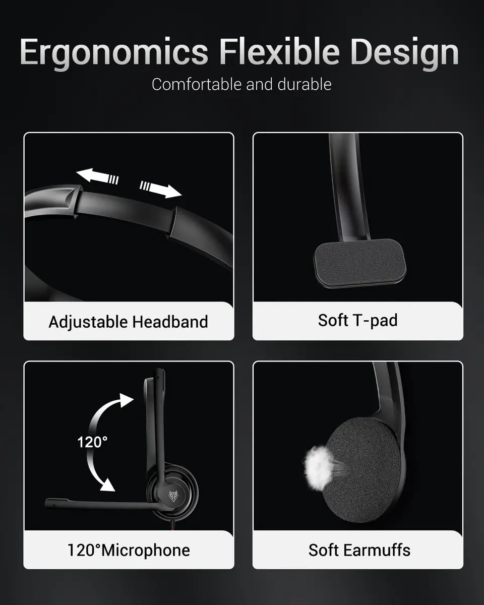 NUBWO HW02 Headset with Microphone | USB C & 3.5mm, Inline Mute & Volume Control, Lightweight (60g), for PC & Mobile - view 7