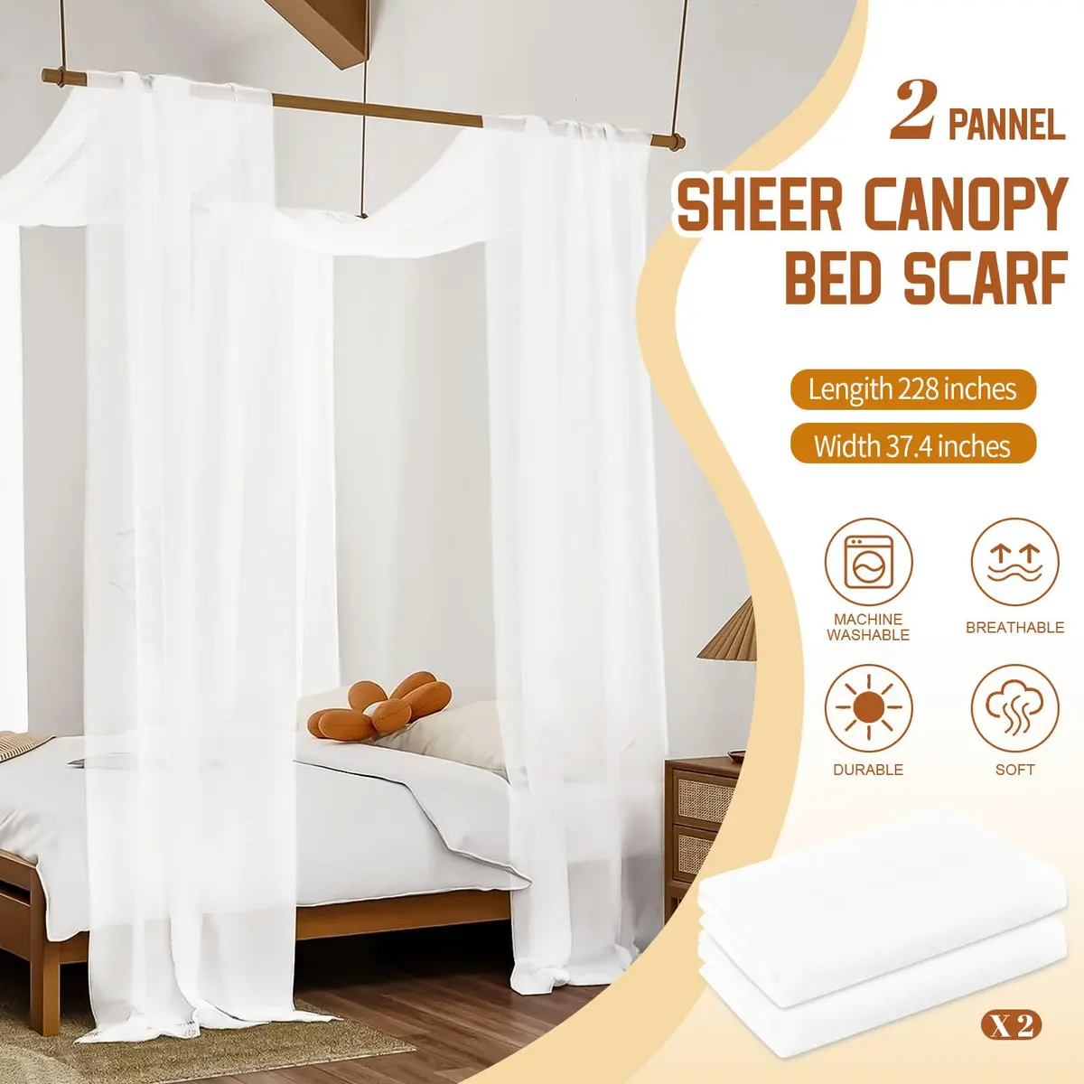 Showgeous Sheer Bed Canopy Curtains White 37.4" x 228" | Romantic Bedroom Decor - view 2