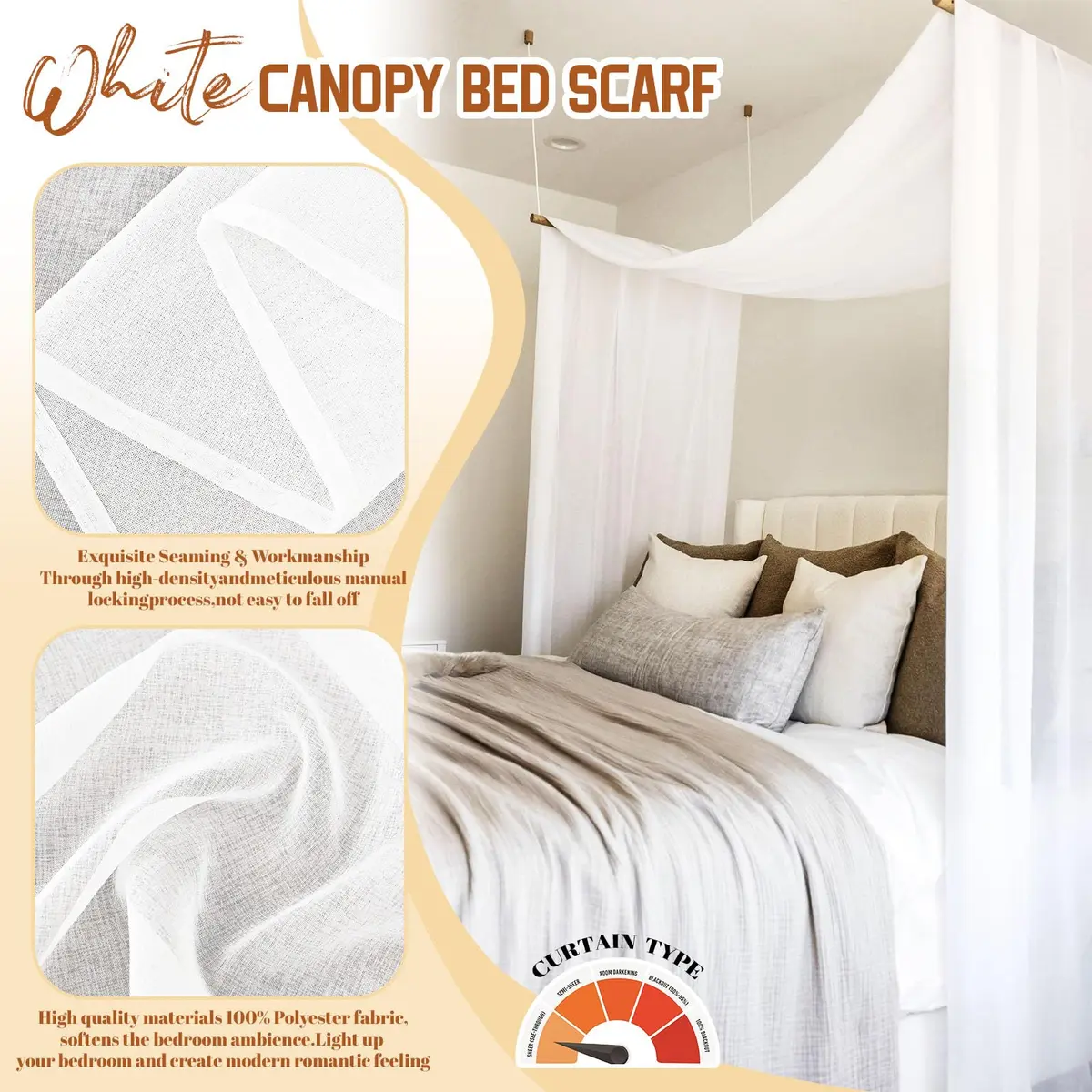 Showgeous Sheer Bed Canopy Curtains White 37.4" x 228" | Romantic Bedroom Decor - view 3