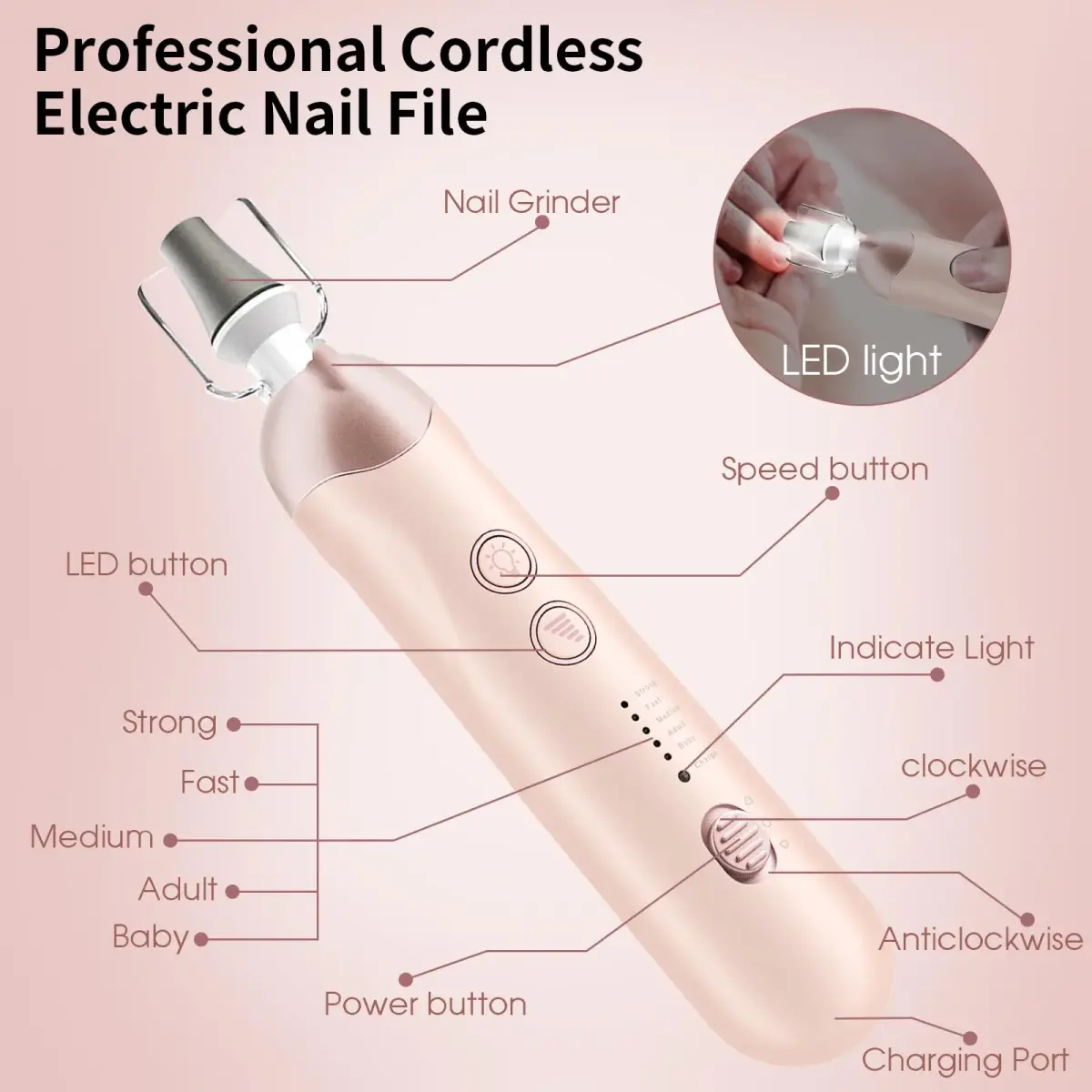 Hoxida Professional Cordless Electric Nail Drill Set with 9 Bits & 100 Sanding Bands | Rechargeable 20,000 RPM - view 6