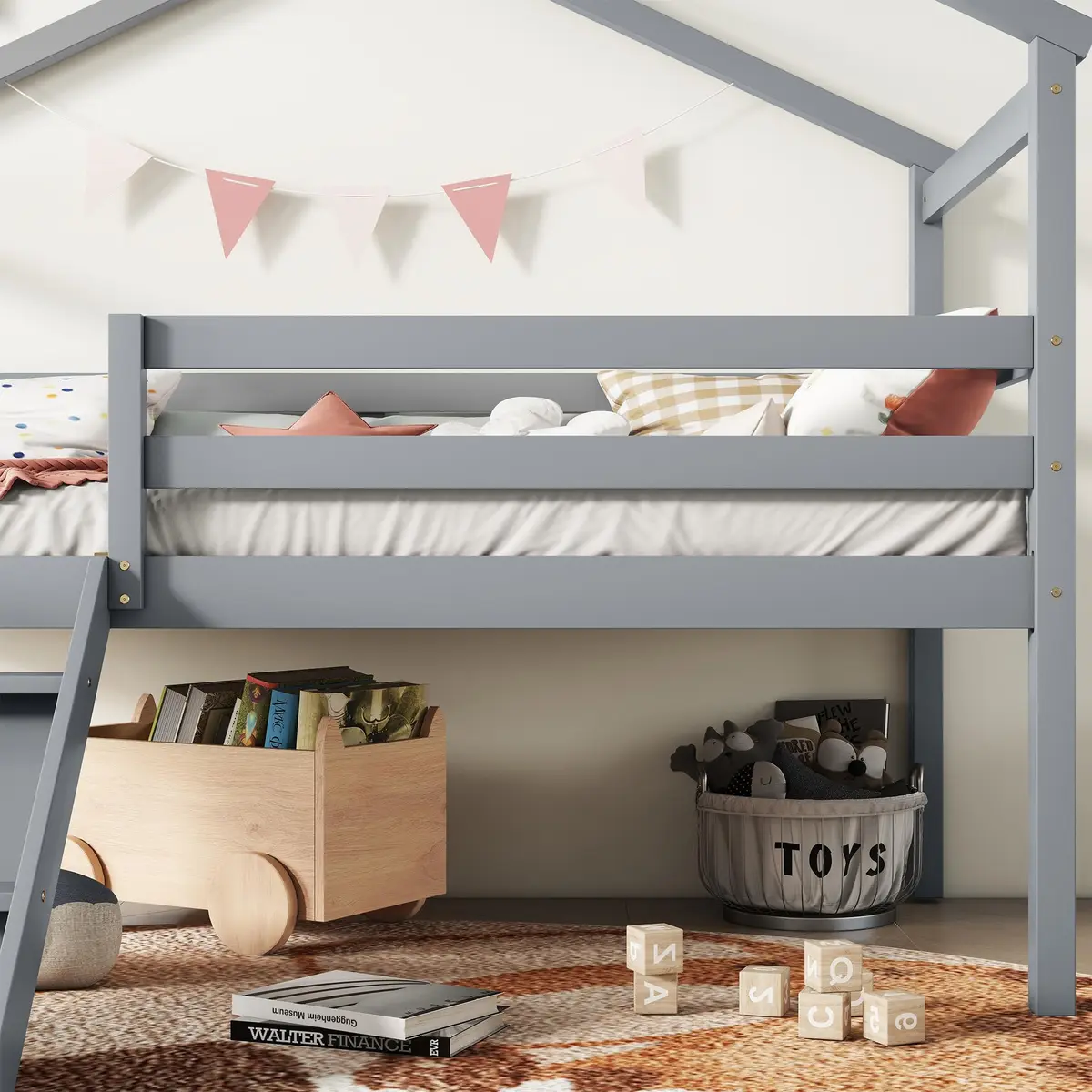 Brisca Twin Size Low Loft Bed with Slide & Ladder | House Roof & Guardrails, Easy Assembly, Grey - view 5