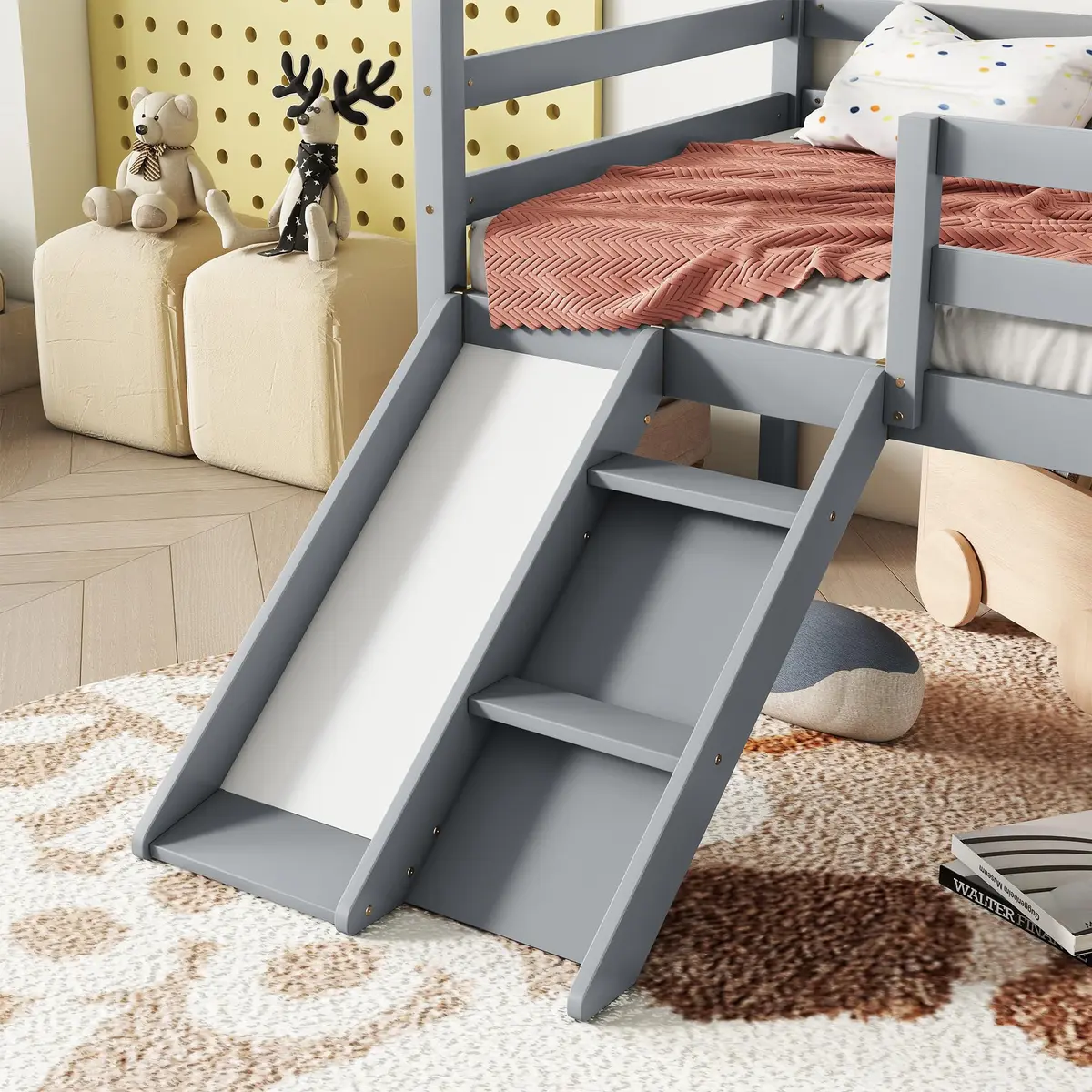 Brisca Twin Size Low Loft Bed with Slide & Ladder | House Roof & Guardrails, Easy Assembly, Grey - view 6