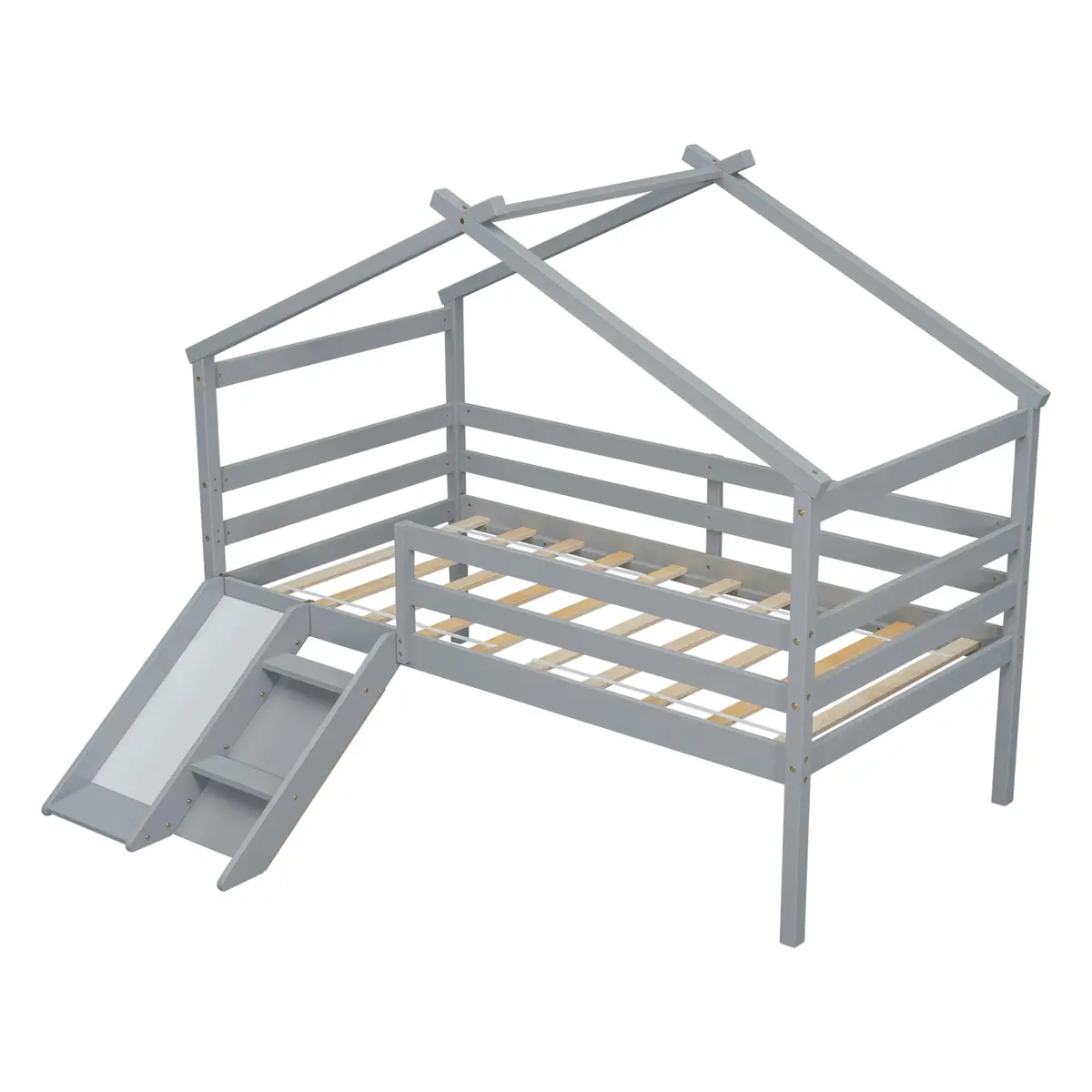 Brisca Twin Size Low Loft Bed with Slide & Ladder | House Roof & Guardrails, Easy Assembly, Grey - view 7