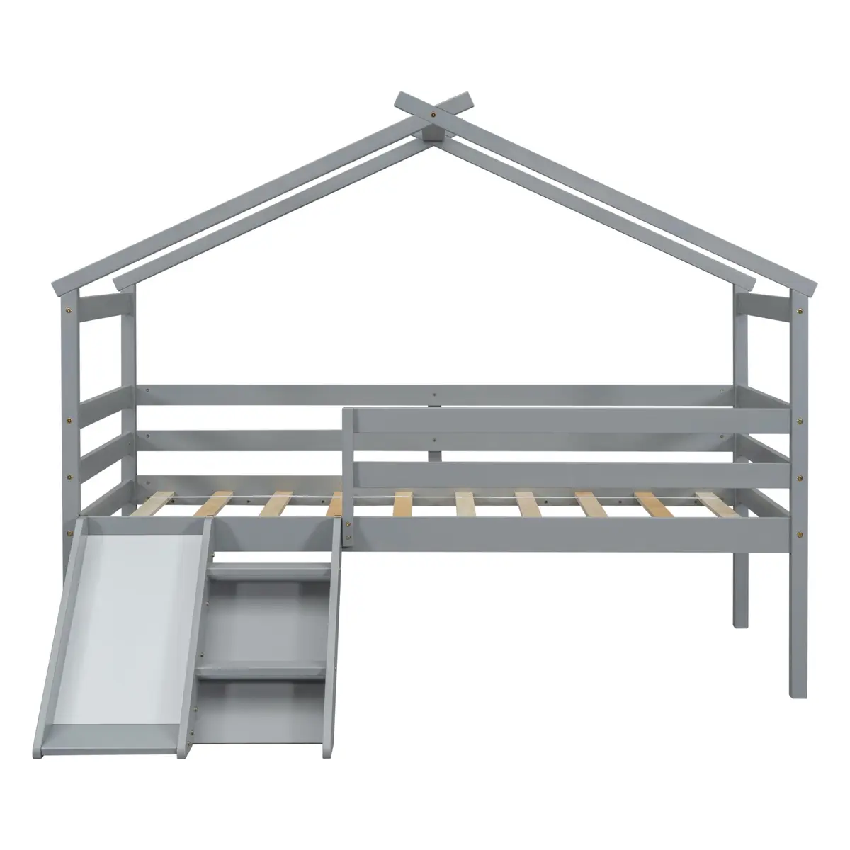Brisca Twin Size Low Loft Bed with Slide & Ladder | House Roof & Guardrails, Easy Assembly, Grey - view 8