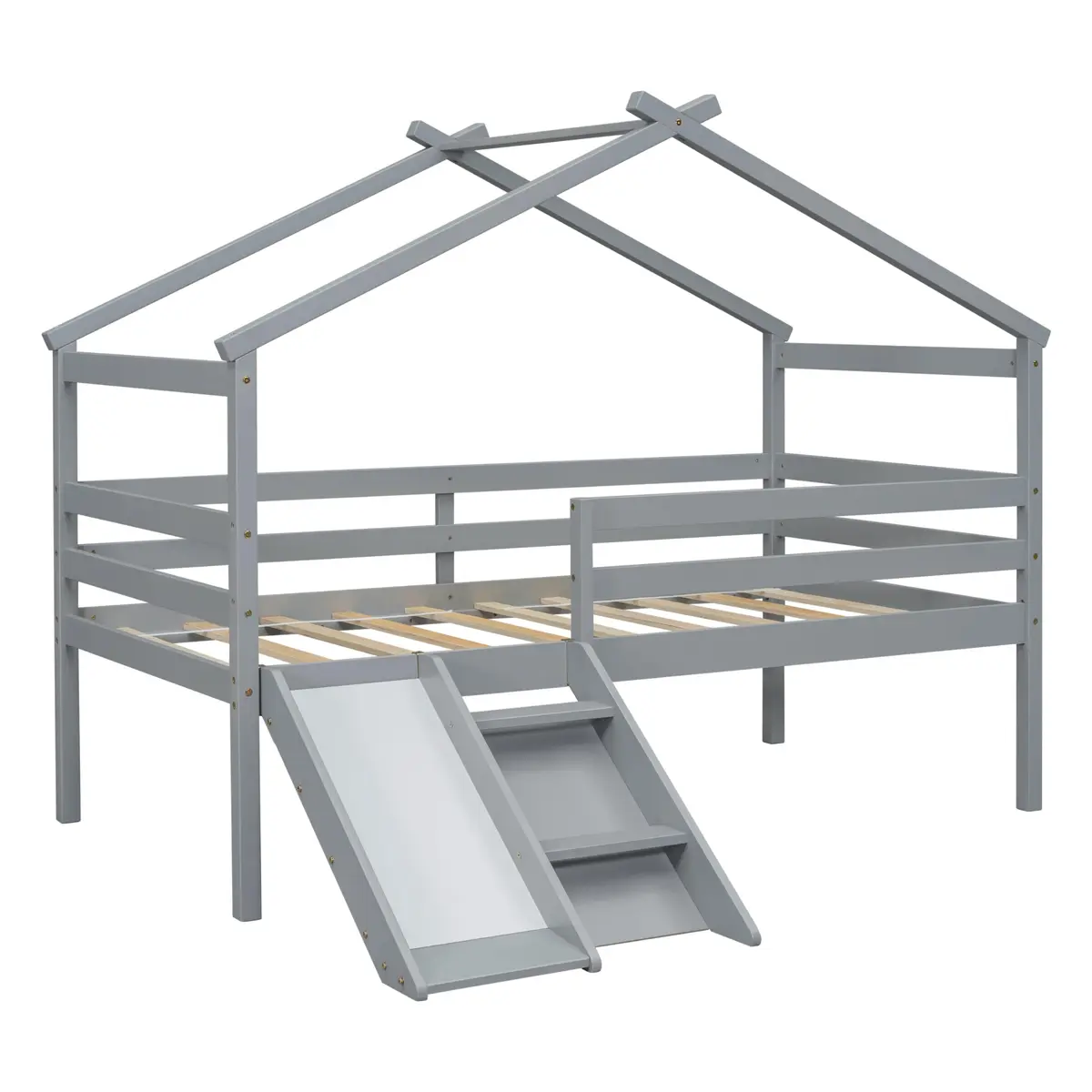 Brisca Twin Size Low Loft Bed with Slide & Ladder | House Roof & Guardrails, Easy Assembly, Grey - view 9
