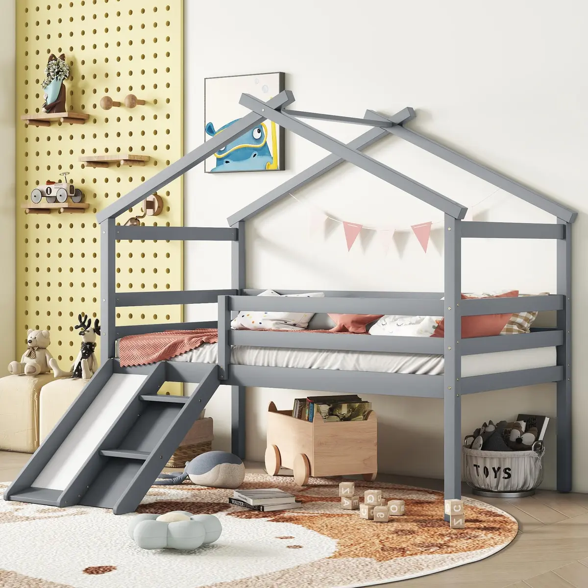 Brisca Twin Size Low Loft Bed with Slide & Ladder | House Roof & Guardrails, Easy Assembly, Grey - view 2