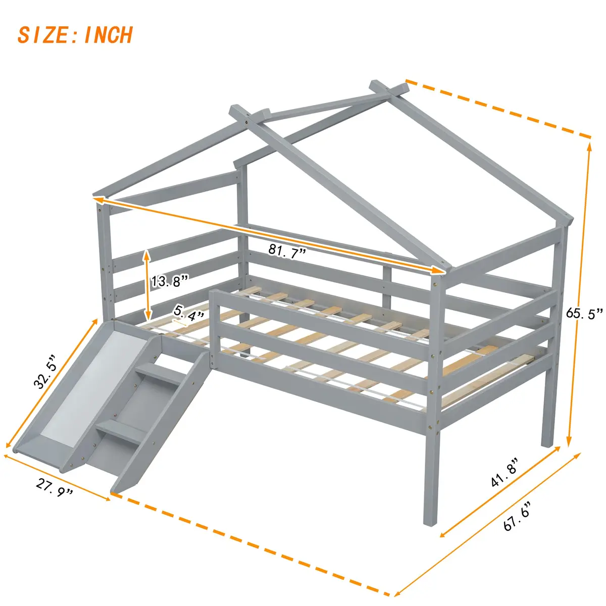 Brisca Twin Size Low Loft Bed with Slide & Ladder | House Roof & Guardrails, Easy Assembly, Grey - view 3