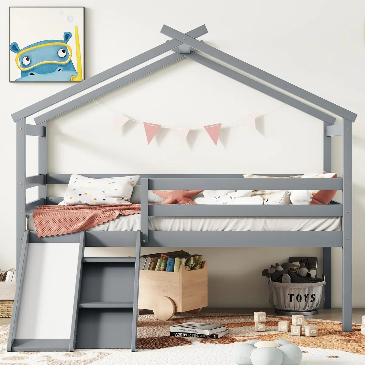 Brisca Twin Size Low Loft Bed with Slide & Ladder | House Roof & Guardrails, Easy Assembly, Grey - view 4