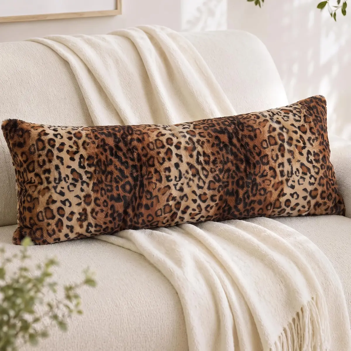 CARRIE HOME Leopard Cheetah Long Decorative Lumbar Body Pillow Cover 14x36 | Soft Velour, Art Pattern - main product image