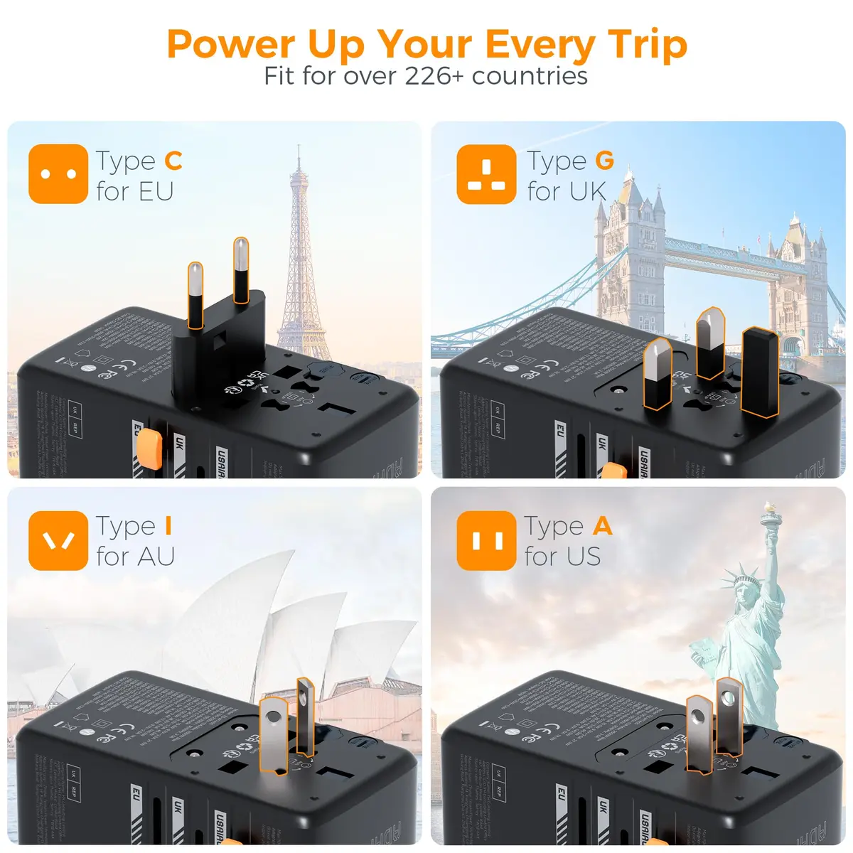 TESSAN Universal Travel Adapter 140W GaN Black | 5-in-1 Worldwide Power & USB Charging - view 5