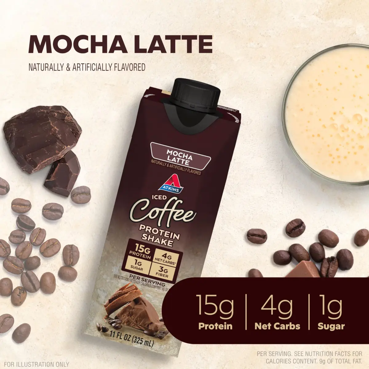 Atkins Mocha Latte Iced Coffee Protein Shake, 15g Protein, 4g Net Carb, 1g Sugar, 24-Pack (325ml (11 fl oz) each) - view 2