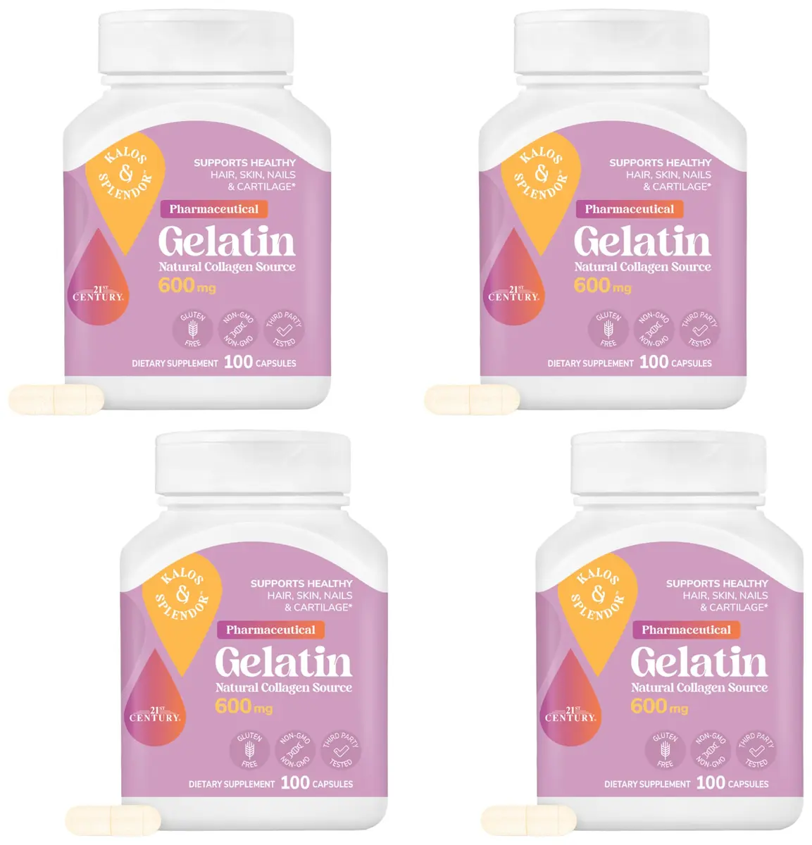 21st Century Gelatin 600mg Capsules, 400 Count (1600mg/serving) | High Protein Thickening Agent for Hair, Nails & Joints - main product image