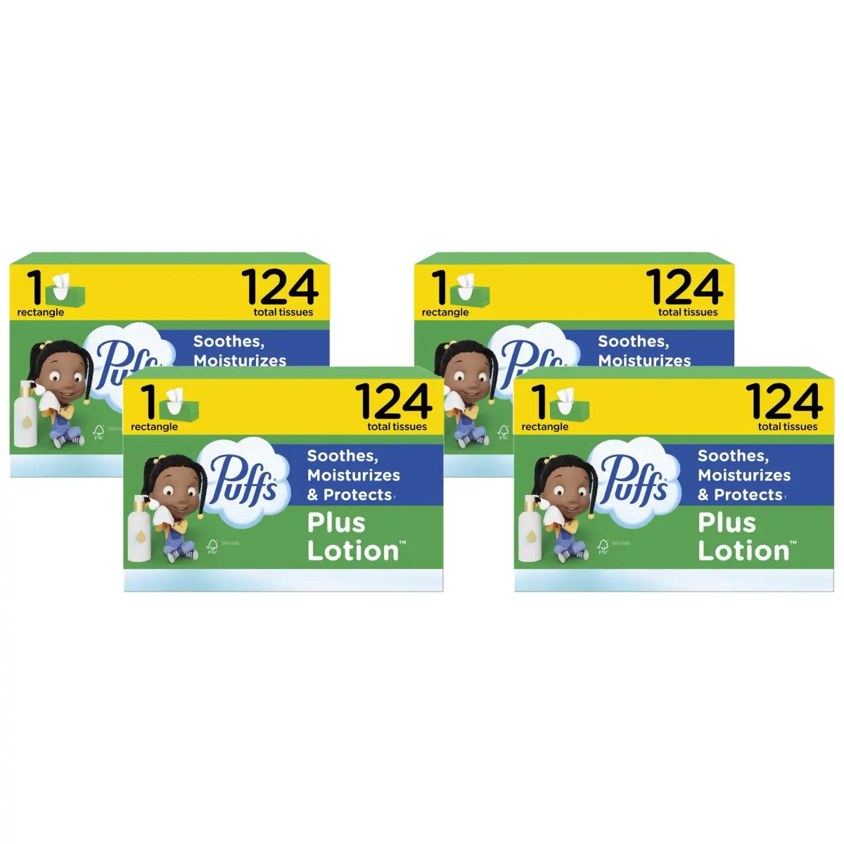Puffs Plus Lotion Facial Tissues Family Box 124 Tissues x 4 | Dermatologist Tested for Sensitive Skin - main product image