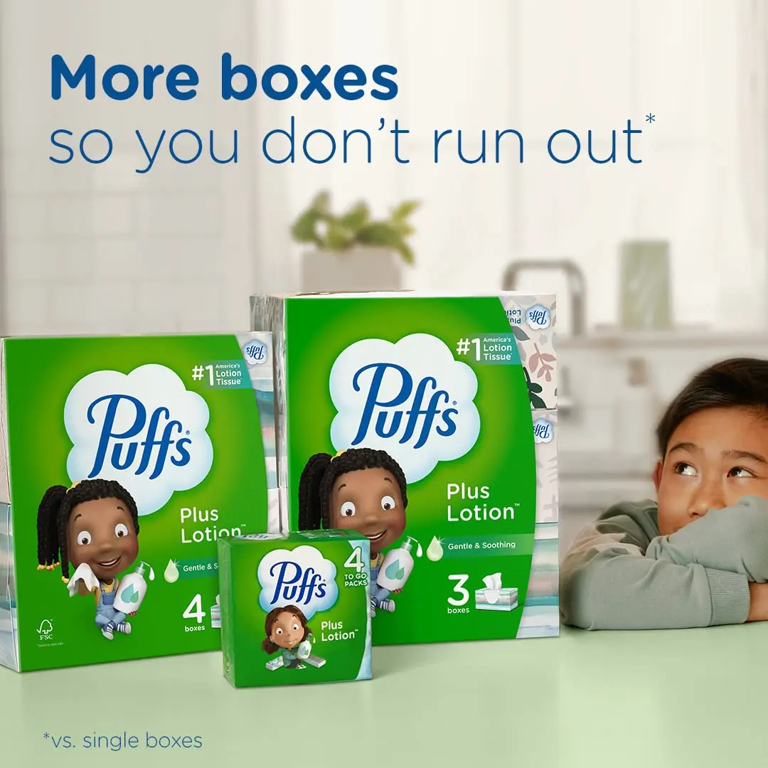 Puffs Plus Lotion Facial Tissues Family Box 124 Tissues x 4 | Dermatologist Tested for Sensitive Skin - view 3
