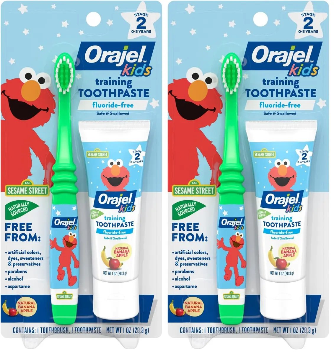 Orajel Elmo Fluoride-Free Tooth & Gum Cleanser with Toothbrush Combo Pack, Banana Apple Flavored Non-Fluoride, 2 Piece Set (Pack of 2) | Cleans Plaque Safely for Babies 3-24 Months - main product image