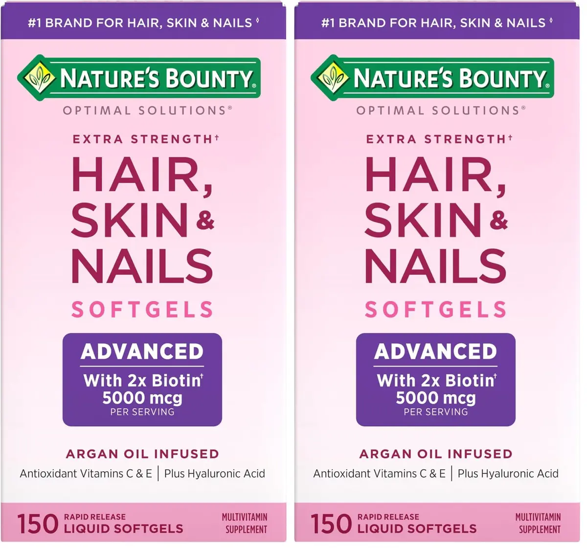 Nature's Bounty Advanced Hair, Skin & Nails Softgels 150 Count (Pack of 2) | Biotin & Hyaluronic Acid for Beauty Support - main product image