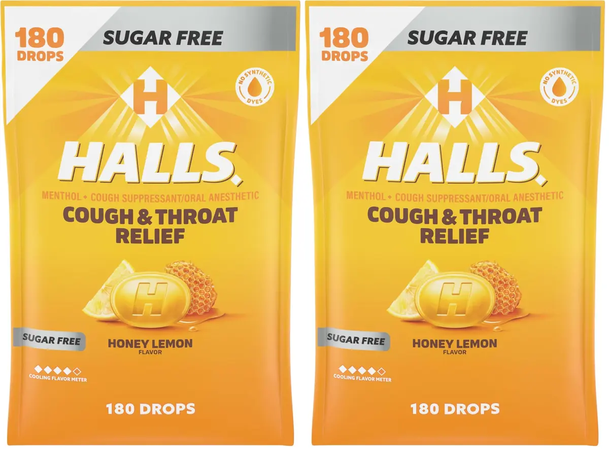 Halls Relief Honey Lemon Sugar Free Cough Drops 180 Drops (Pack of 2) | Soothes Sore Throats & Relieves Coughs - main product image