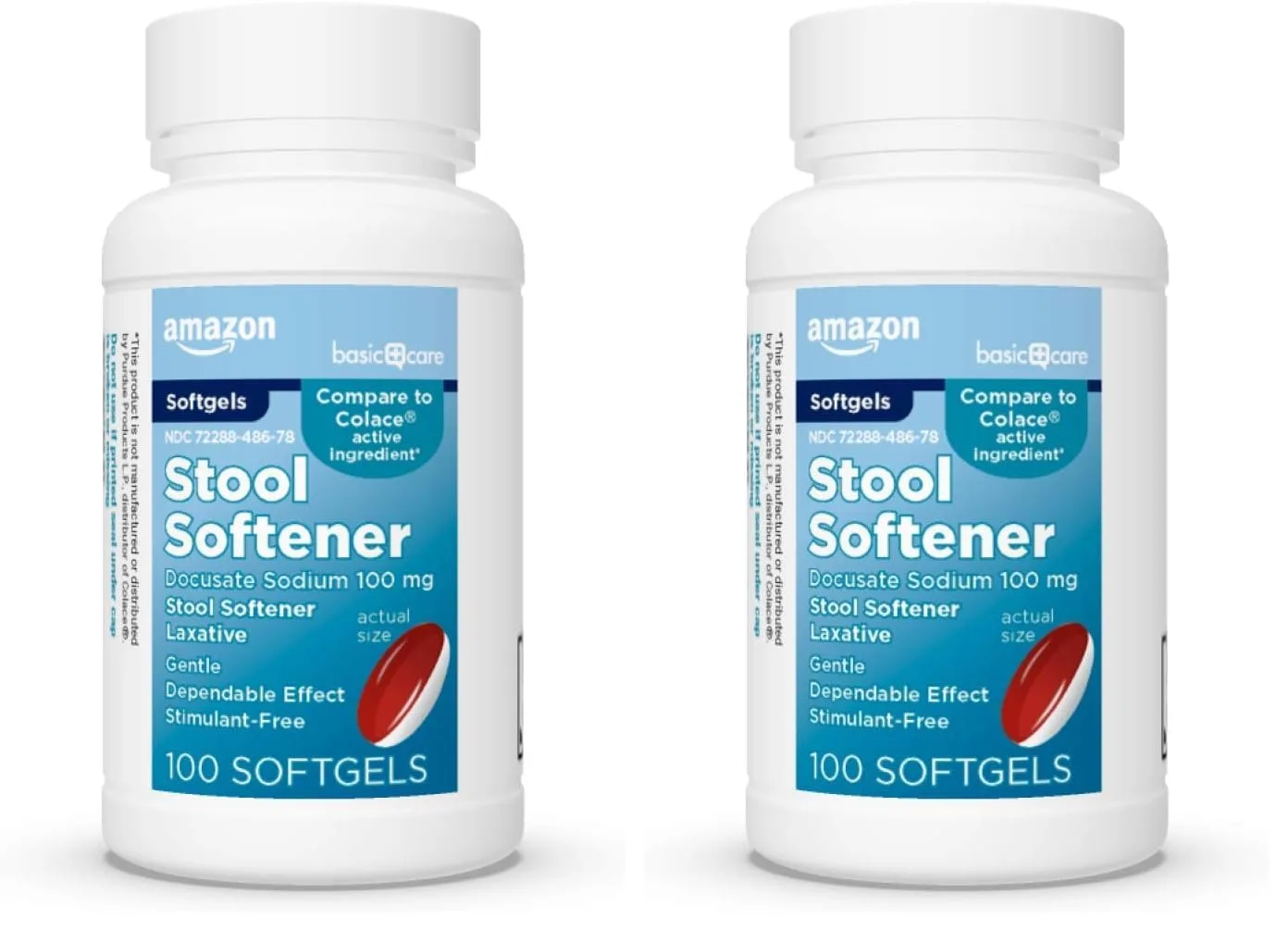 Amazon Basic Care Stool Softener Laxative Softgels 100 mg 200 Count | Gentle Constipation Relief - main product image