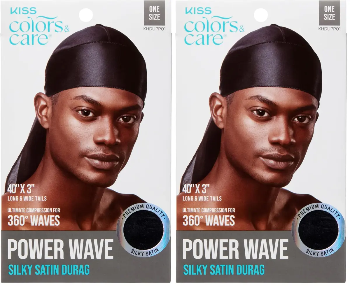KISS COLORS & CARE Power Wave Silky Satin Durag - Black, Pack of 2 | Ultra-Compression for 360° Waves - main product image