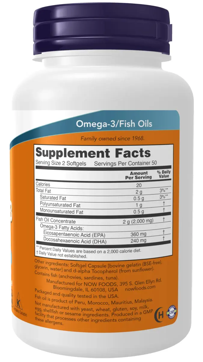 NOW Foods Omega-3 Fish Oil 1000 mg (360 EPA / 240 DHA) 200 Softgels | Cardiovascular Support - view 2