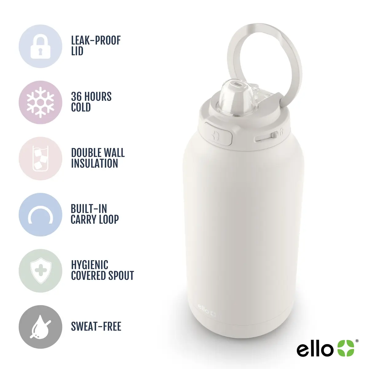 Ello Hydra 64oz Half Gallon Vacuum Insulated Stainless Steel Jug, Cream | Leak-Proof, 40+ Hour Cold Retention - view 3