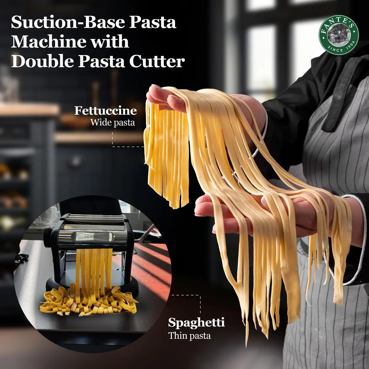 Fante's Supreme Pasta Maker, Compact Manual Noodle Press Machine with Non-Slip Suction Base for Fresh Homemade Pasta, Ravioli, Since 1906 | Italian Quality - view 2