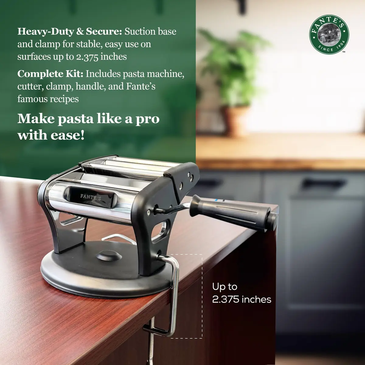Fante's Supreme Pasta Maker, Compact Manual Noodle Press Machine with Non-Slip Suction Base for Fresh Homemade Pasta, Ravioli, Since 1906 | Italian Quality - view 3