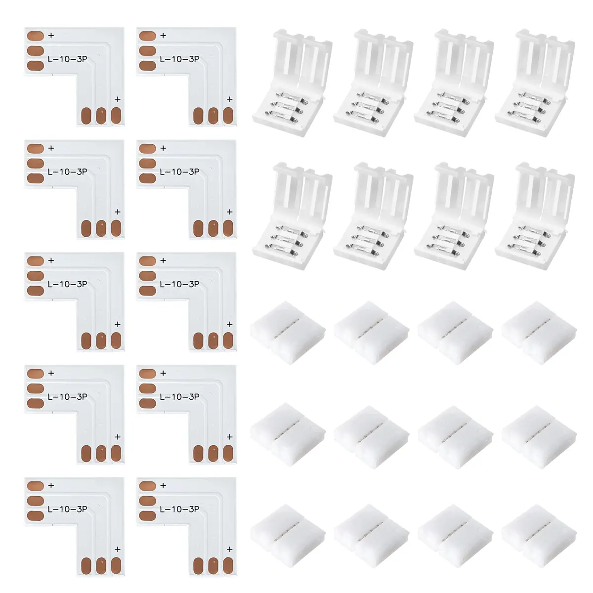 JACKYLED 30 Pcs 3-Pin LED Connectors 10mm L Shape | Unwired Solderless Gapless Adapter for WS2811, SK6812, 72W - main product image