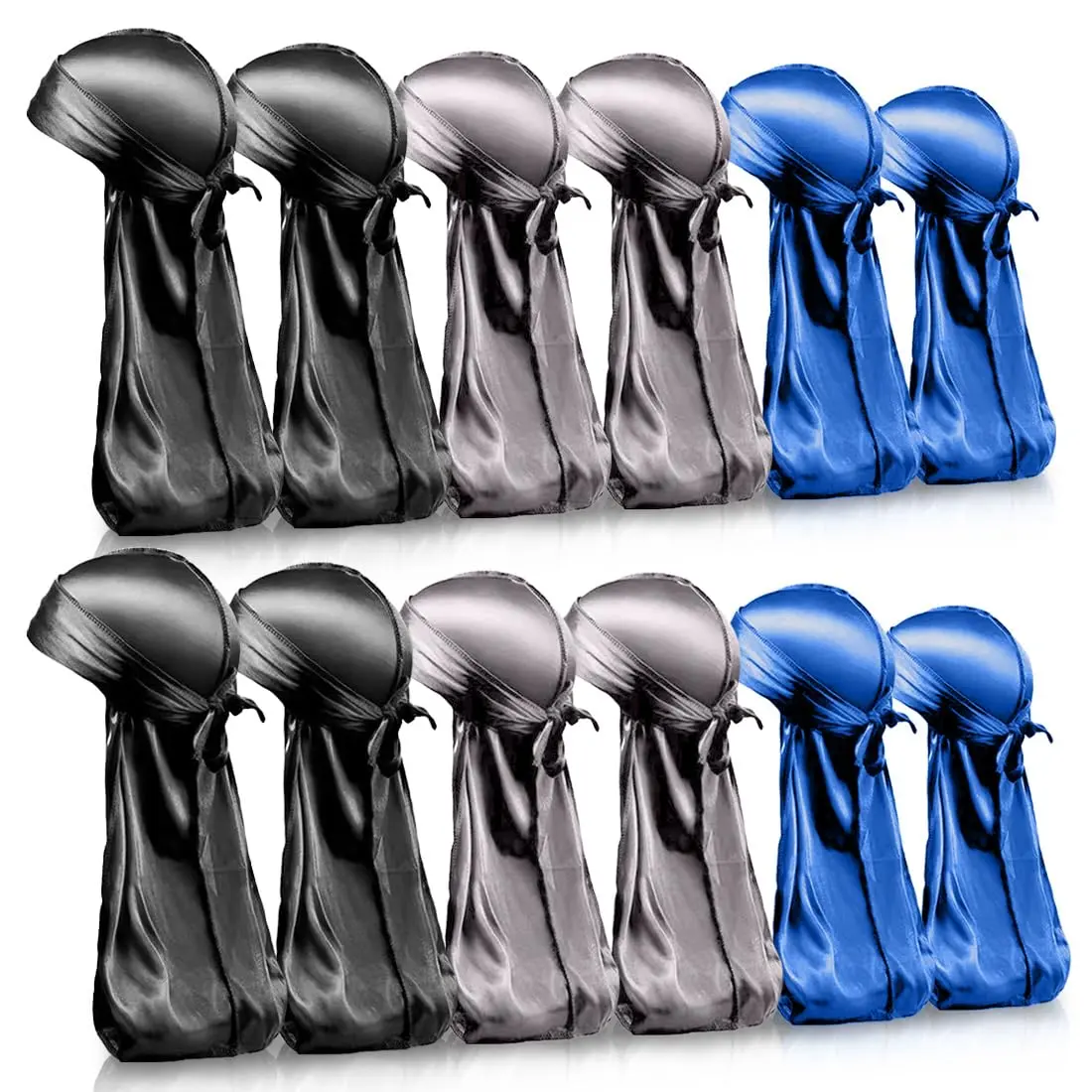 BE BIGEDDIE 12Pcs Durags for Men, Satin Silk Headbands with Long Tail & Wide Straps, Unisex - main product image