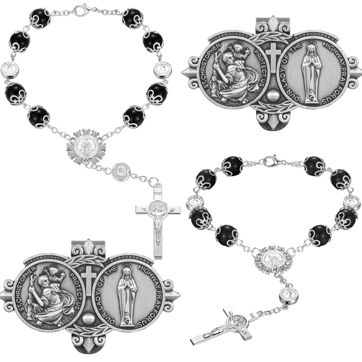 Frienda Black 4 Pcs Car Rosary Saint Benedict Rosary Rearview Mirror Hang Auto Rosary with Saint Christopher Visor Medal Cross Accessory - main product image