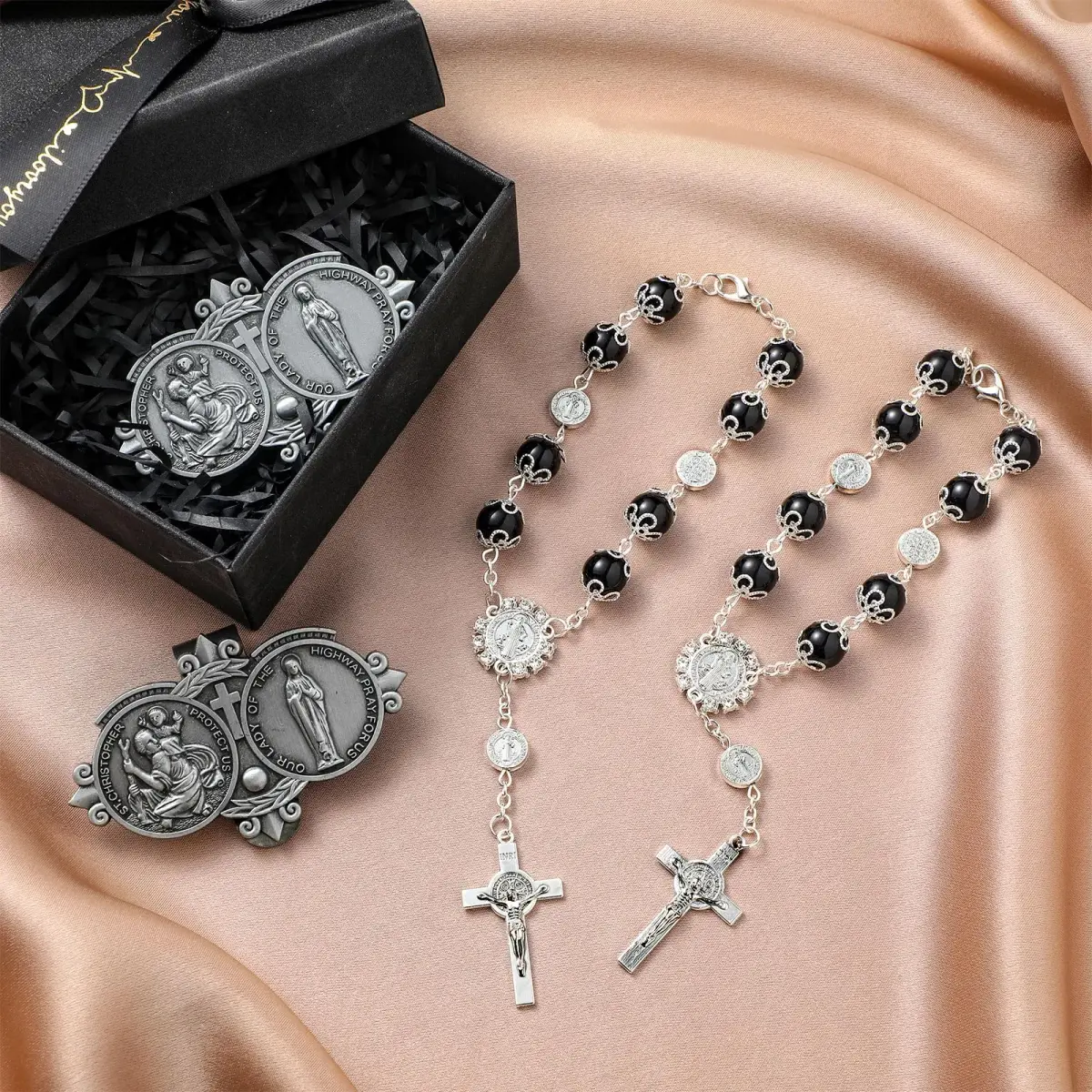 Frienda Black 4 Pcs Car Rosary Saint Benedict Rosary Rearview Mirror Hang Auto Rosary with Saint Christopher Visor Medal Cross Accessory - view 7