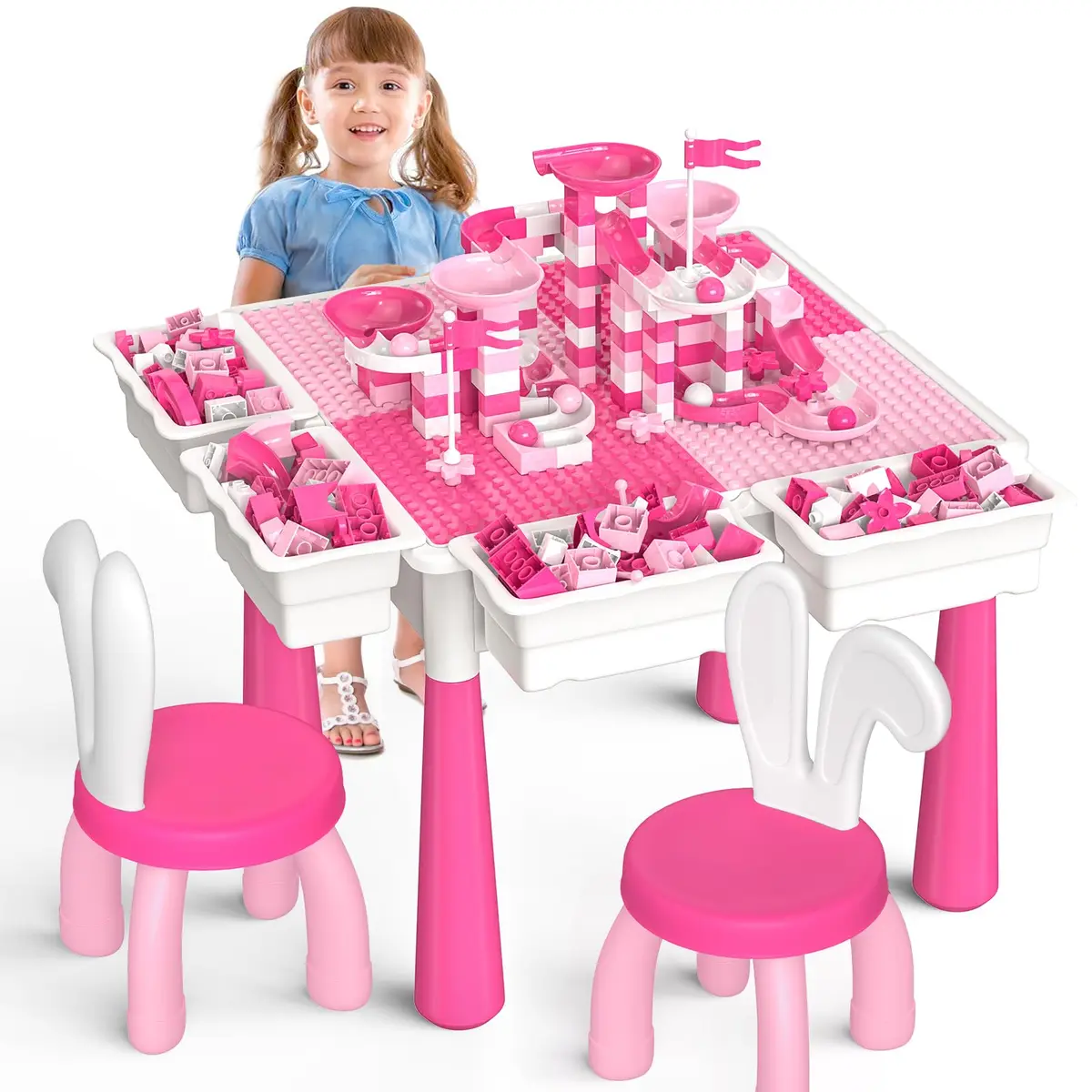 OCATO Kids Table and Chair Set Kid Water Table Activity Tables | 152PCS Building Blocks & 2 Rabbit Chairs | For Ages 3-10 - main product image