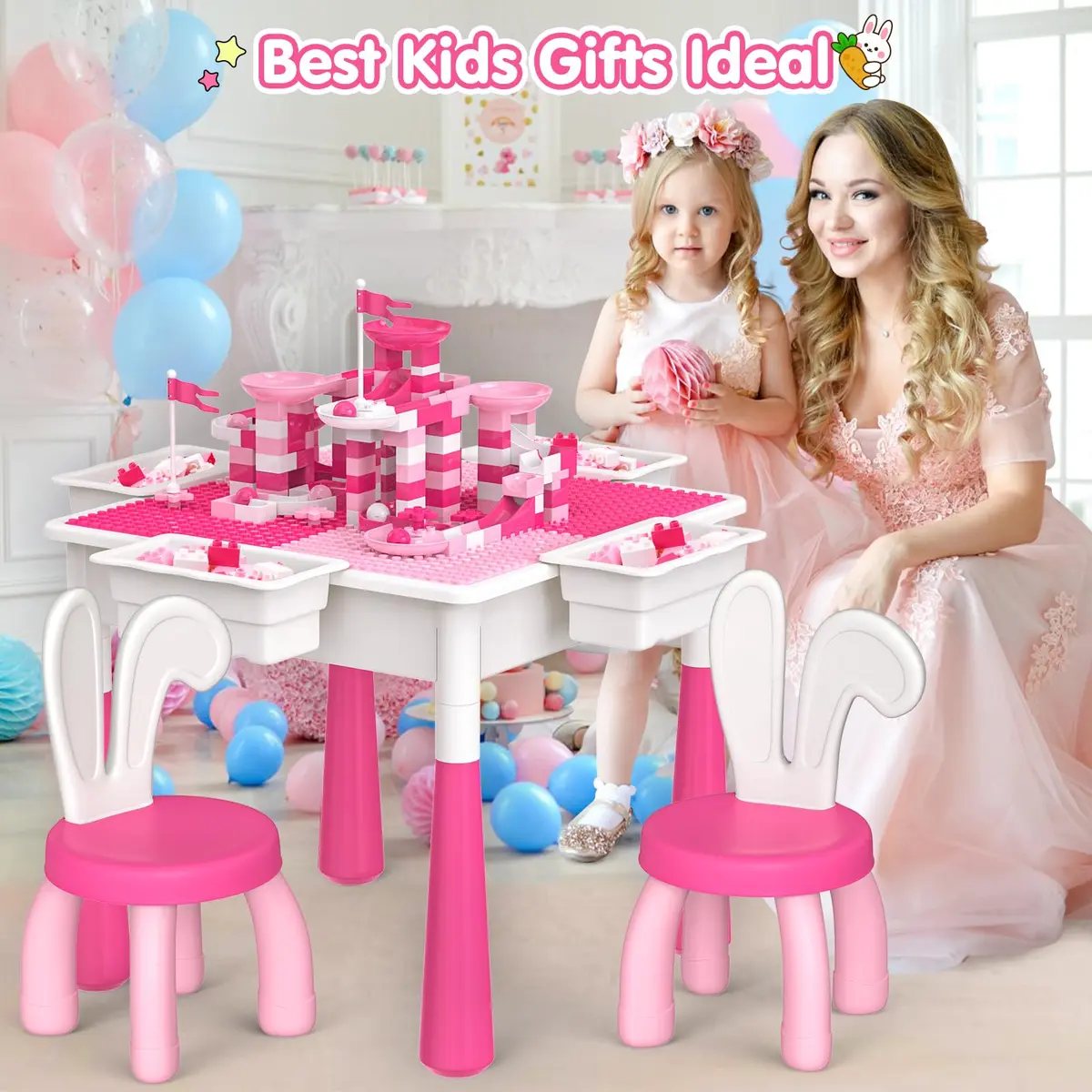 OCATO Kids Table and Chair Set Kid Water Table Activity Tables | 152PCS Building Blocks & 2 Rabbit Chairs | For Ages 3-10 - view 7