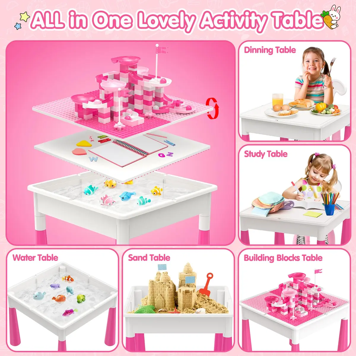 OCATO Kids Table and Chair Set Kid Water Table Activity Tables | 152PCS Building Blocks & 2 Rabbit Chairs | For Ages 3-10 - view 2