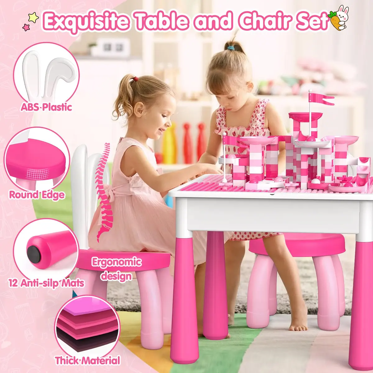 OCATO Kids Table and Chair Set Kid Water Table Activity Tables | 152PCS Building Blocks & 2 Rabbit Chairs | For Ages 3-10 - view 4