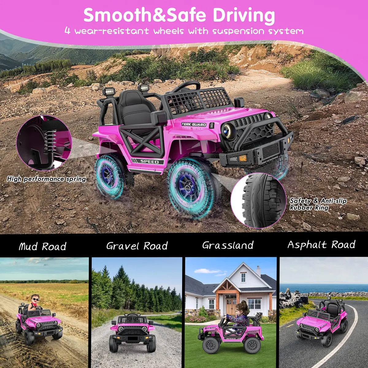 YunTopKids 12V 7Ah Electric Ride On Toy Car for Kids | Parental Remote Control, Bluetooth & LED Lights, Pink, 4-8 Years - view 4