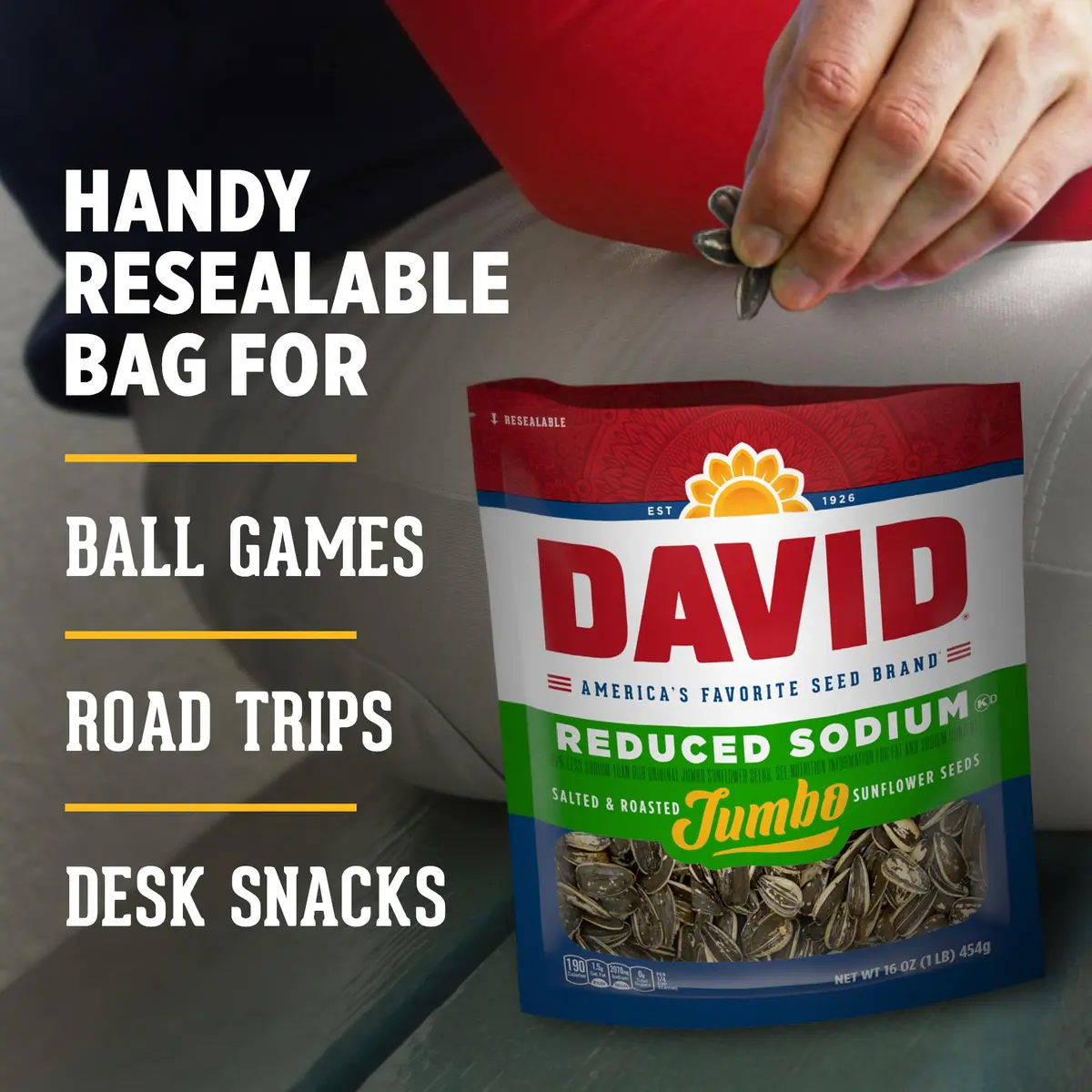 David Reduced Sodium Sunflower Seeds Original Flavor 16 oz | Gluten-Free, Travel Snack, 25% Less Sodium - view 3