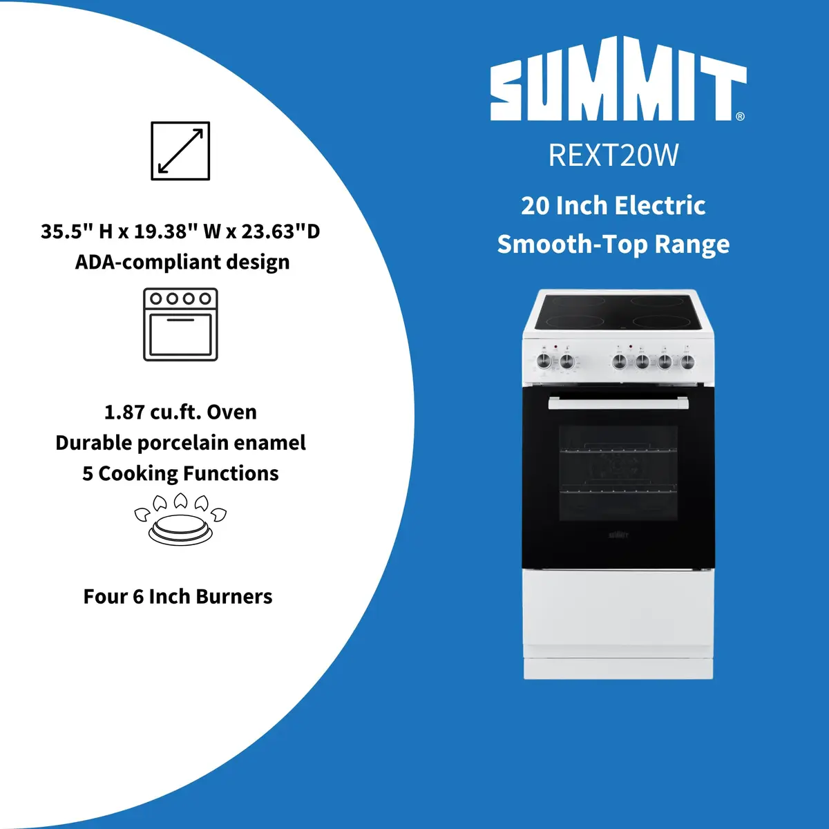 Summit 20” Electric Range, 1.87 cu.ft. ADA Compliant, White | Compact European-Made Kitchen Appliance - view 4