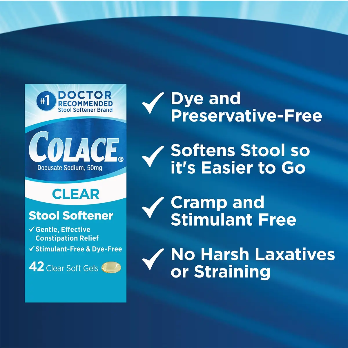 Colace Clear Stool Softener 50mg Soft Gels | Doctor Recommended Relief for Constipation in India - view 5