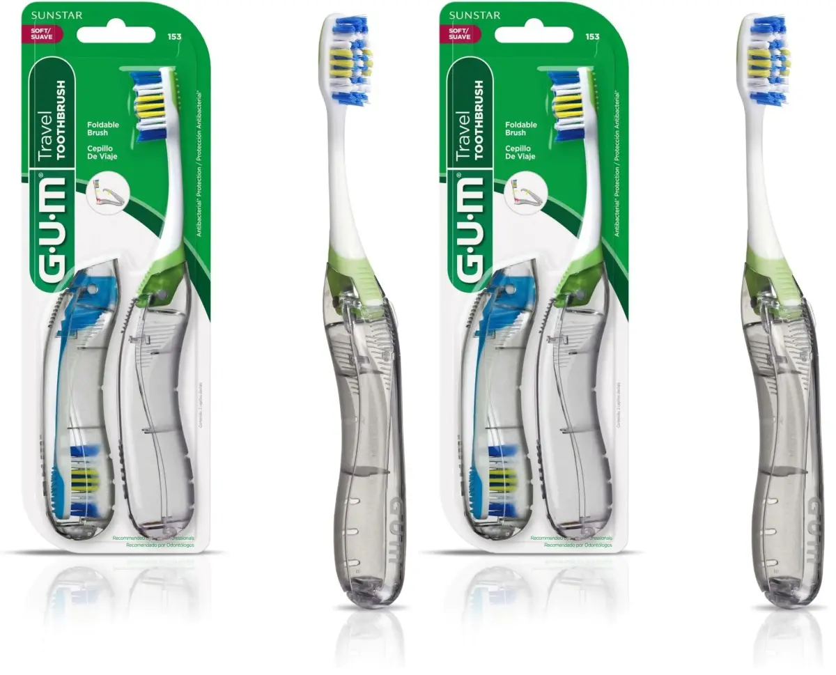 GUM Folding Travel Toothbrush 2ct (Pack of 2) | Compact Head + Tongue Cleaner, Soft Bristles - main product image