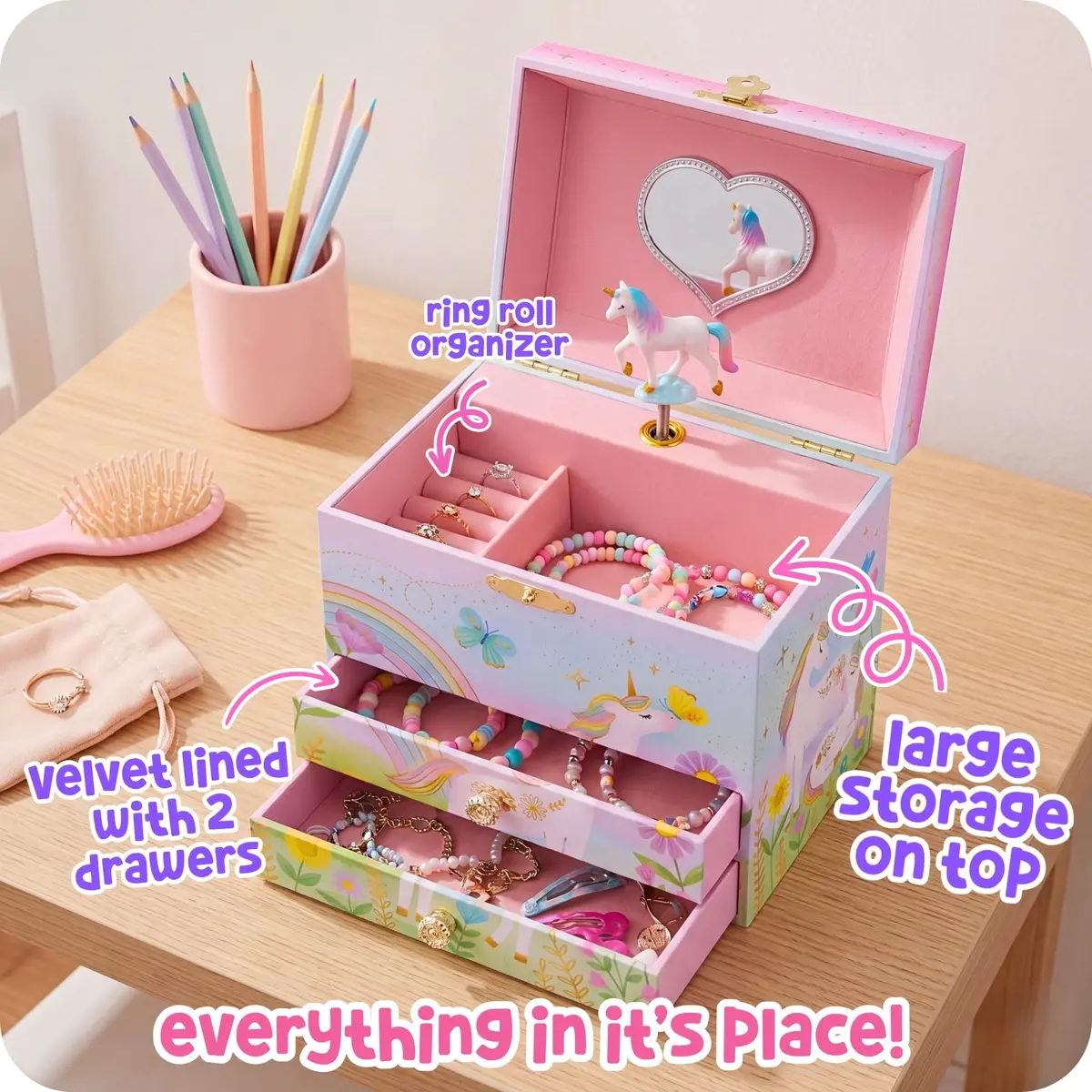 Giggle & Honey Musical Unicorn Jewelry Box for Girls | 6.8 x 5.3 x 6 in | Durable Pine Fiberboard - view 6