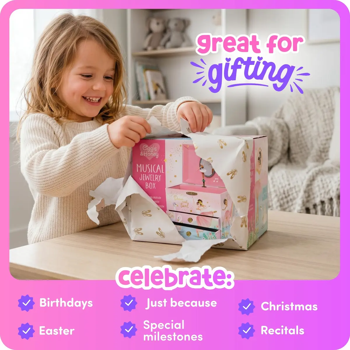 Giggle & Honey Musical Unicorn Jewelry Box for Girls | 6.8 x 5.3 x 6 in | Durable Pine Fiberboard - view 8