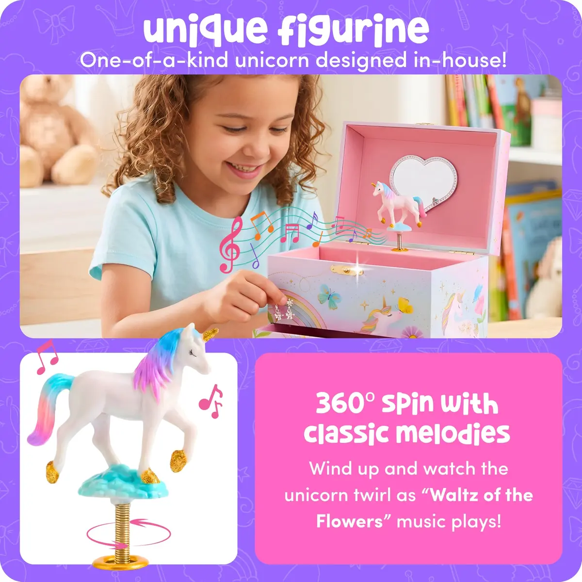 Giggle & Honey Musical Unicorn Jewelry Box for Girls | 6.8 x 5.3 x 6 in | Durable Pine Fiberboard - view 3
