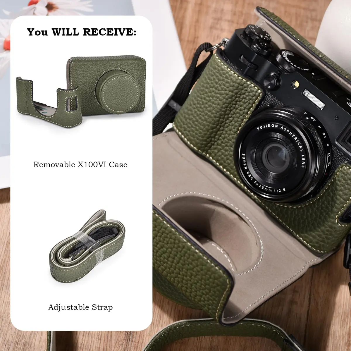 VOVMOEYA Camera Case for Fujifilm X100VI | PU Leather Full Body Protective Cover with Detachable Top & Strap - view 7