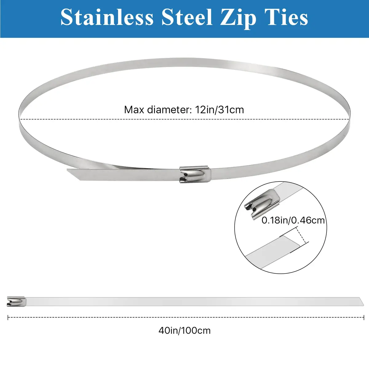 Akamino 50PCS Metal Zip Ties, 40 Inch Heavy Duty Stainless Steel Cable Ties | 250LB Capacity for Outdoor Use - view 2