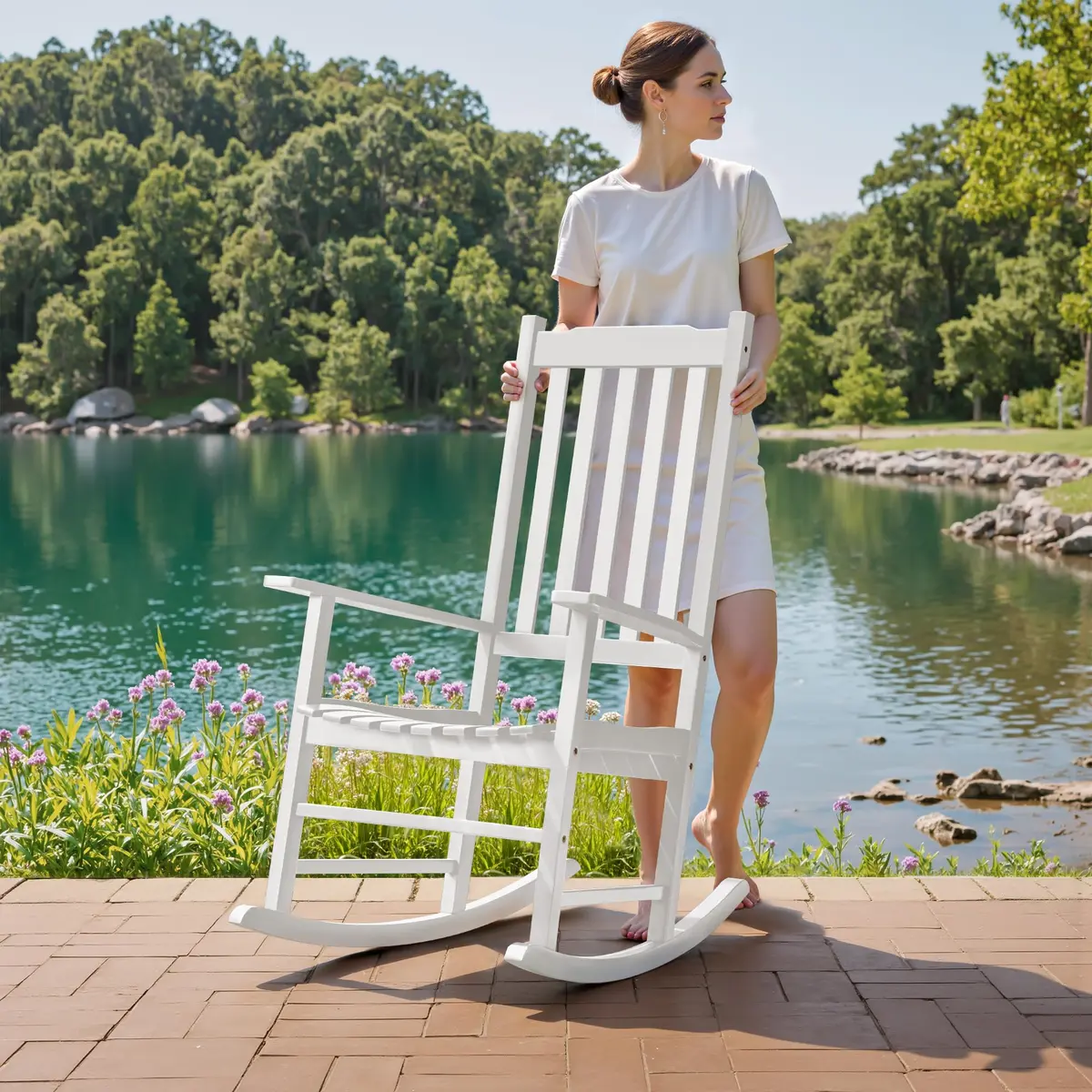 Flamaker Acacia Wooden Rocking Chair Outdoor Rocking Chair (White) | Solid Acacia Wood, Ergonomic Design, Safe & Comfortable - view 3